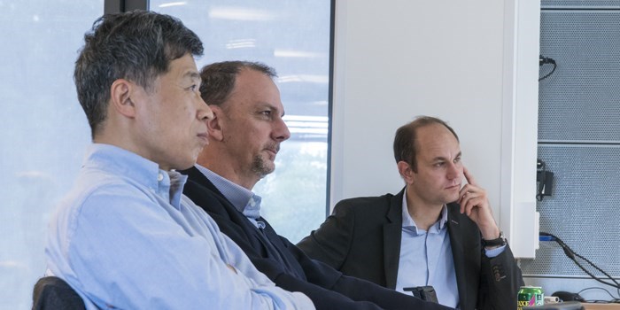 Examiners at Dennis Christensen's PhD defense. From left: Chang-Beom Eom, Fabio Miletto Granozio, Jesper Nygård